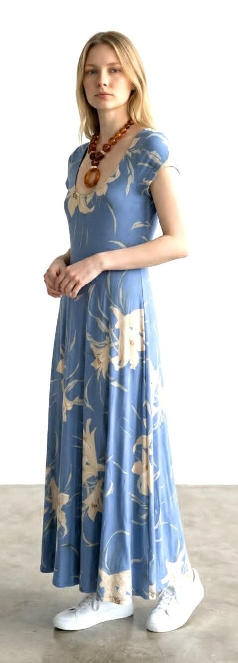 Chaps Blue Floral Maxi Dress S 100% Cotton Cottagecore Garden Party Fit Flare